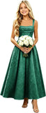 Girls Floral Satin Jacquard Junior Bridesmaid Dresses Long Ruched Flower Girl Dress for Wedding