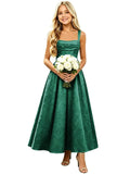 Girls Floral Satin Jacquard Junior Bridesmaid Dresses Long Ruched Flower Girl Dress for Wedding