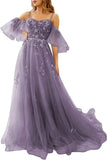 Vestidos de fiesta de tul con hombros descubiertos para adolescentes, vestidos formales con apliques de encaje, vestido de fiesta de noche formal de línea A