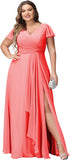 Vestidos de dama de honor de talla grande con mangas con volantes y bolsillos, vestido formal largo con escote en V y abertura. 