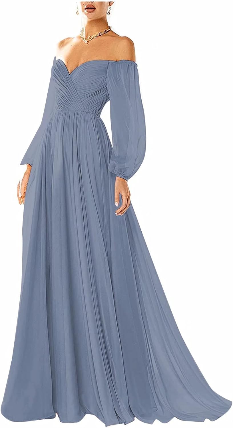 Vestido de fiesta con hombros descubiertos, manga larga, estilo formal, plisado, corte A, para mujer