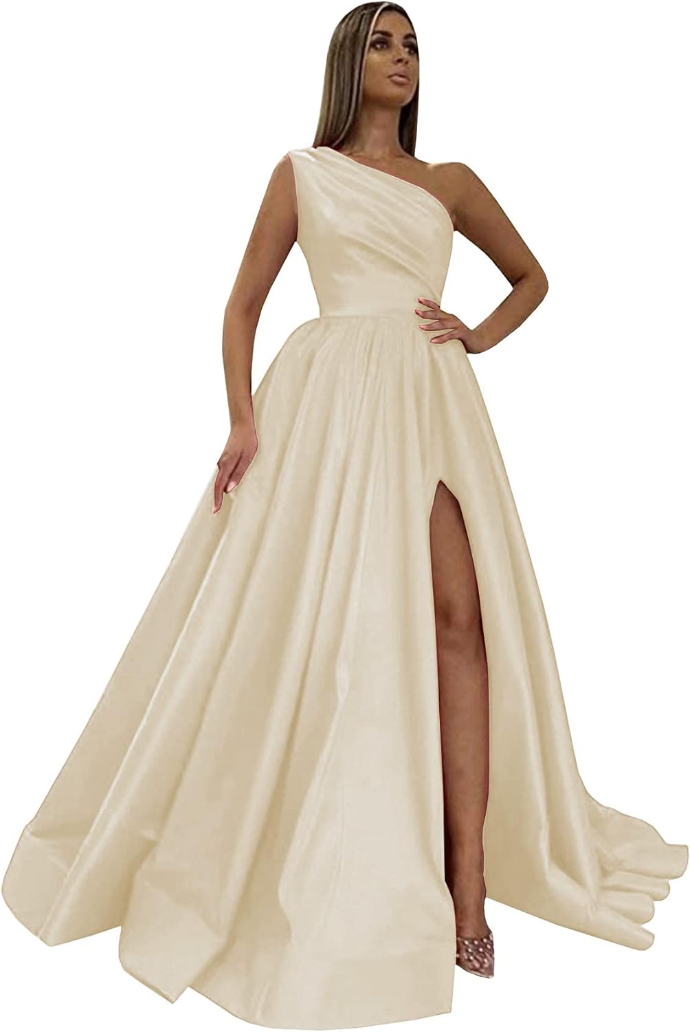 Women's One Shoulder Prom Dresses 2026 Long Slit Satin Formal Evening Gowns with Pockets