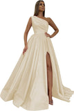 Women's One Shoulder Prom Dresses 2026 Long Slit Satin Formal Evening Gowns with Pockets