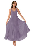 V-Neck Pleated Bridesmaid Dresses for Women Chiffon Spaghetti Straps Pleates Long Formal Wedding Guest Dress