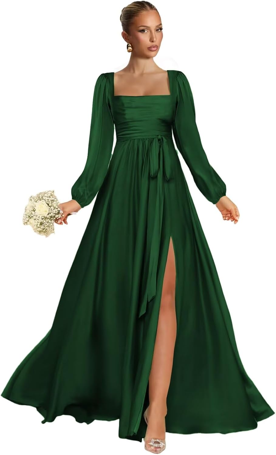 Satin Bridesmaid Dresses with Slit Long Sleeve Square Neck A Line Maxi Formal Dress