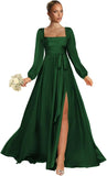 Satin Bridesmaid Dresses with Slit Long Sleeve Square Neck A Line Maxi Formal Dress