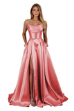 Satin Prom Dresses for Teens Long A-Line Cowl Neck Formal Evening Gown with Slit 2026 Maxi Ball Gowns