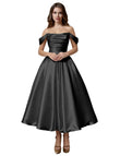 Women's Off Shoulder Wedding Dresses for Bride Tea Length Elegant A Line Satin Prom Dress Midi Evening Gowns
