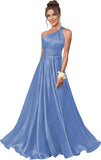 One Shoulder Bridesmaid Dresses for Women Satin Pleated A Line Long Formal Prom Dress with Pockets