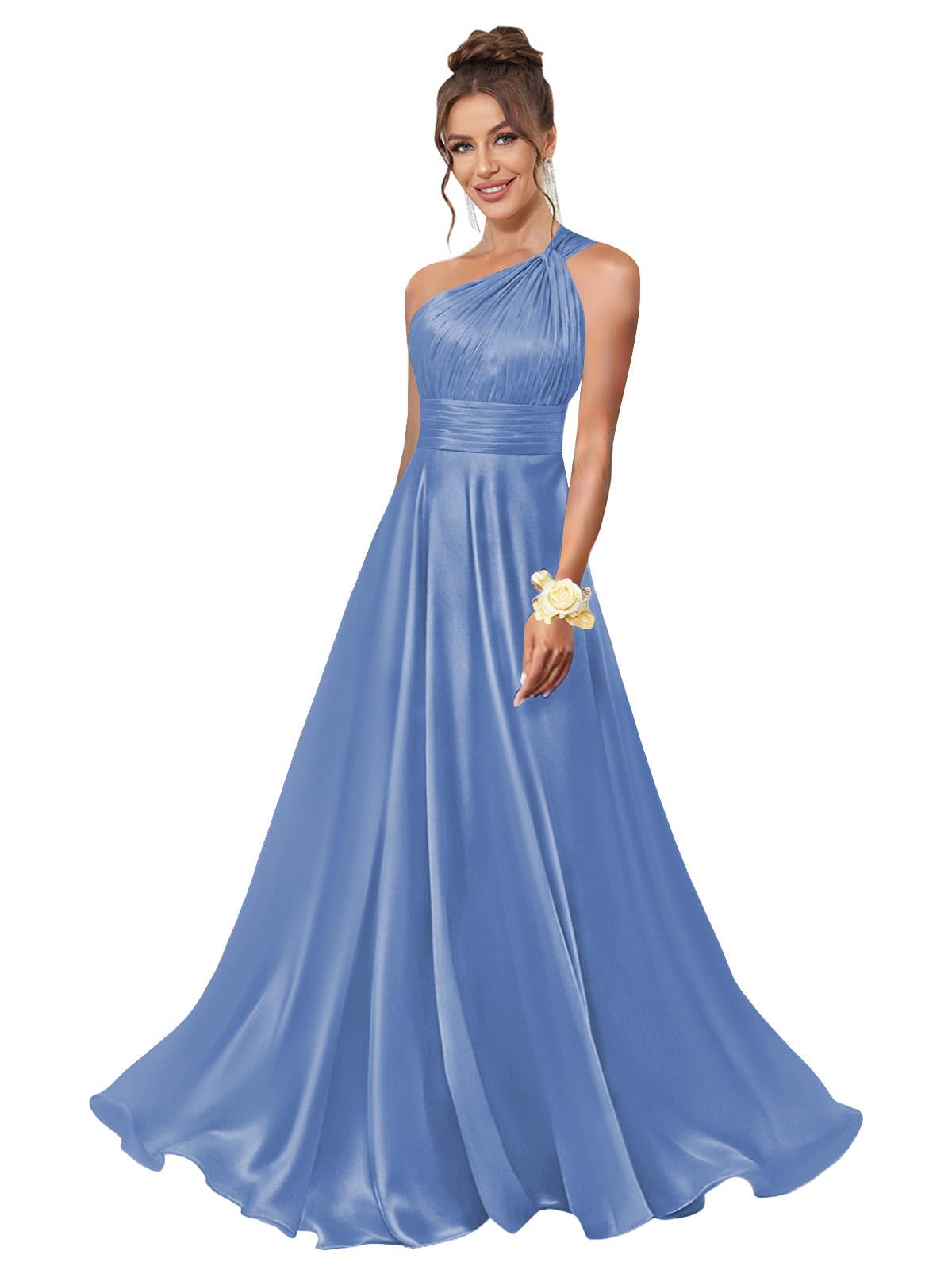 One Shoulder Bridesmaid Dresses for Women Satin Pleated A Line Long Formal Prom Dress with Pockets