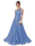 One Shoulder Bridesmaid Dresses for Women Satin Pleated A Line Long Formal Prom Dress with Pockets