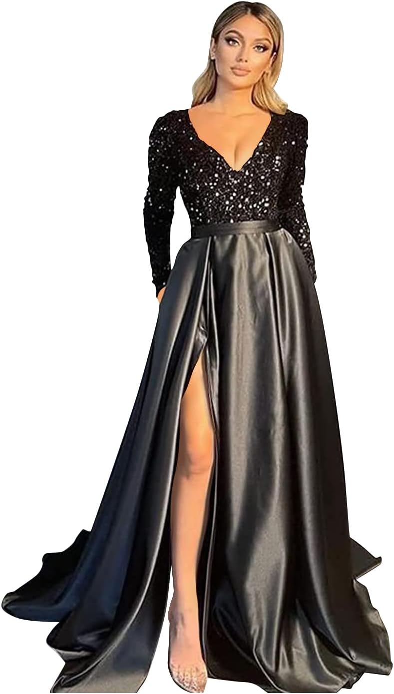 Vestido de fiesta de satén con lentejuelas brillantes para mujer, con bolsillos, manga larga y abertura. 