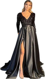 Vestido de fiesta de satén con lentejuelas brillantes para mujer, con bolsillos, manga larga y abertura. 