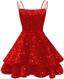 Spaghetti Straps Sequin Homecoming Dresses for Teens Sparkly Tiered Short Prom Dress 2026 Mini Cocktail Party Gown