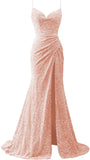 Spaghetti Straps Sequin Prom Dresses for Women 2027 Mermaid Ruched Formal Dress with Slit Sparkly Evening Party Gown