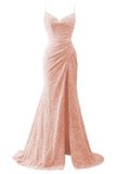 Spaghetti Straps Sequin Prom Dresses for Women 2027 Mermaid Ruched Formal Dress with Slit Sparkly Evening Party Gown