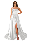 Cowl Neck Satin Prom Dresses Corset Ball Gown Long Puffy A-Line Formal Evening Gown with Slit