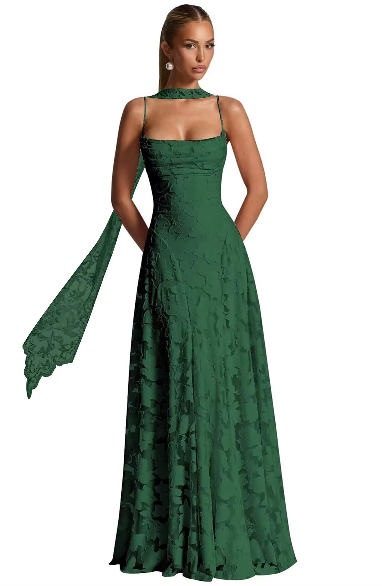 Floral Lace Bridesmaid Dresses for Women Long Spaghetti Straps Formal Evening Gowns with Scarf