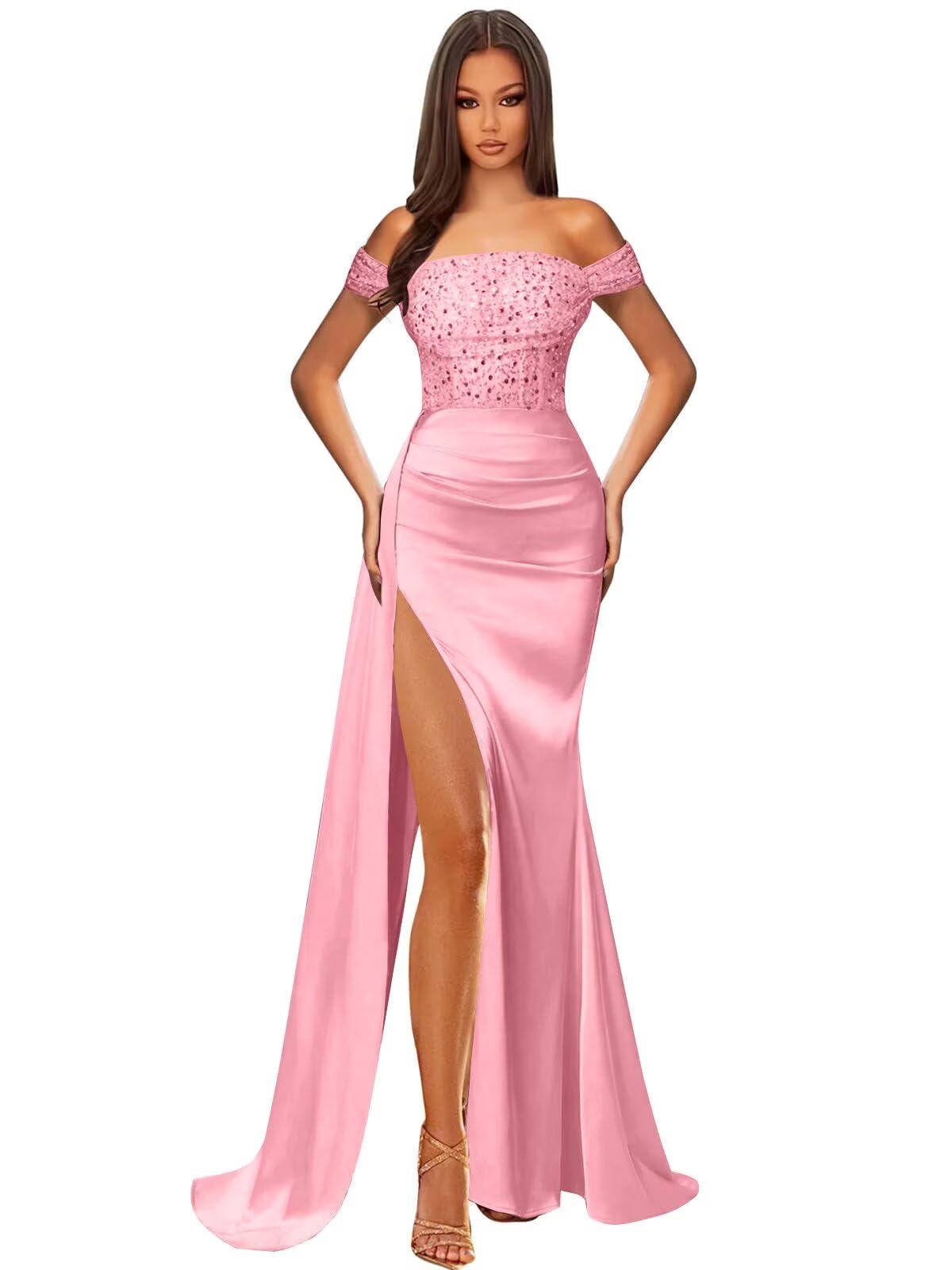 Off Shoulder Sequin Prom Dresses for Women 2027 Long Mermaid Tight Satin Formal Evening Party Dress with Slit