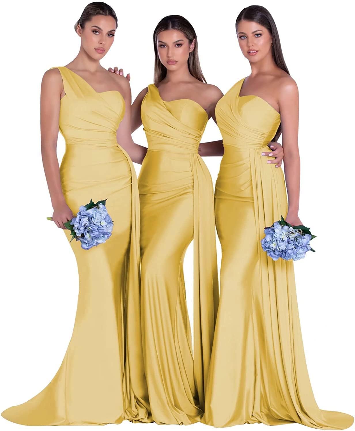 Women's One Shoulder Mermaid Bridesmaid Dresses Long Ruched Bodycon Satin Formal Prom Gowns