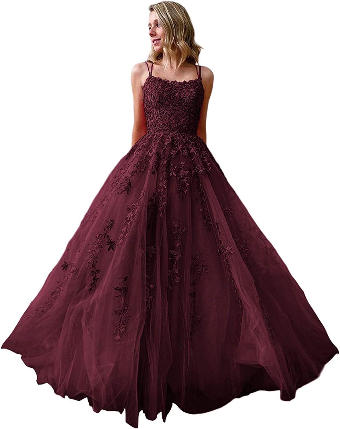 Ballkleider, langes Ballkleid für Damen, Spaghettiträger, Tüll, A-Linie, sexy, rückenfrei, formelle Partykleider mit Taschen 