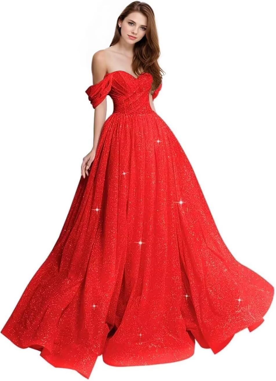 Sparkly Tulle Prom Dress 2026 Off The Shoulder Formal Dresses for Women Glitter A Line Long Ball Gown