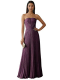 Ruched Strapless Prom Dresses for Women Long A Line Cocktail Dress Pleated Chiffon Formal Wedding Guest Dress