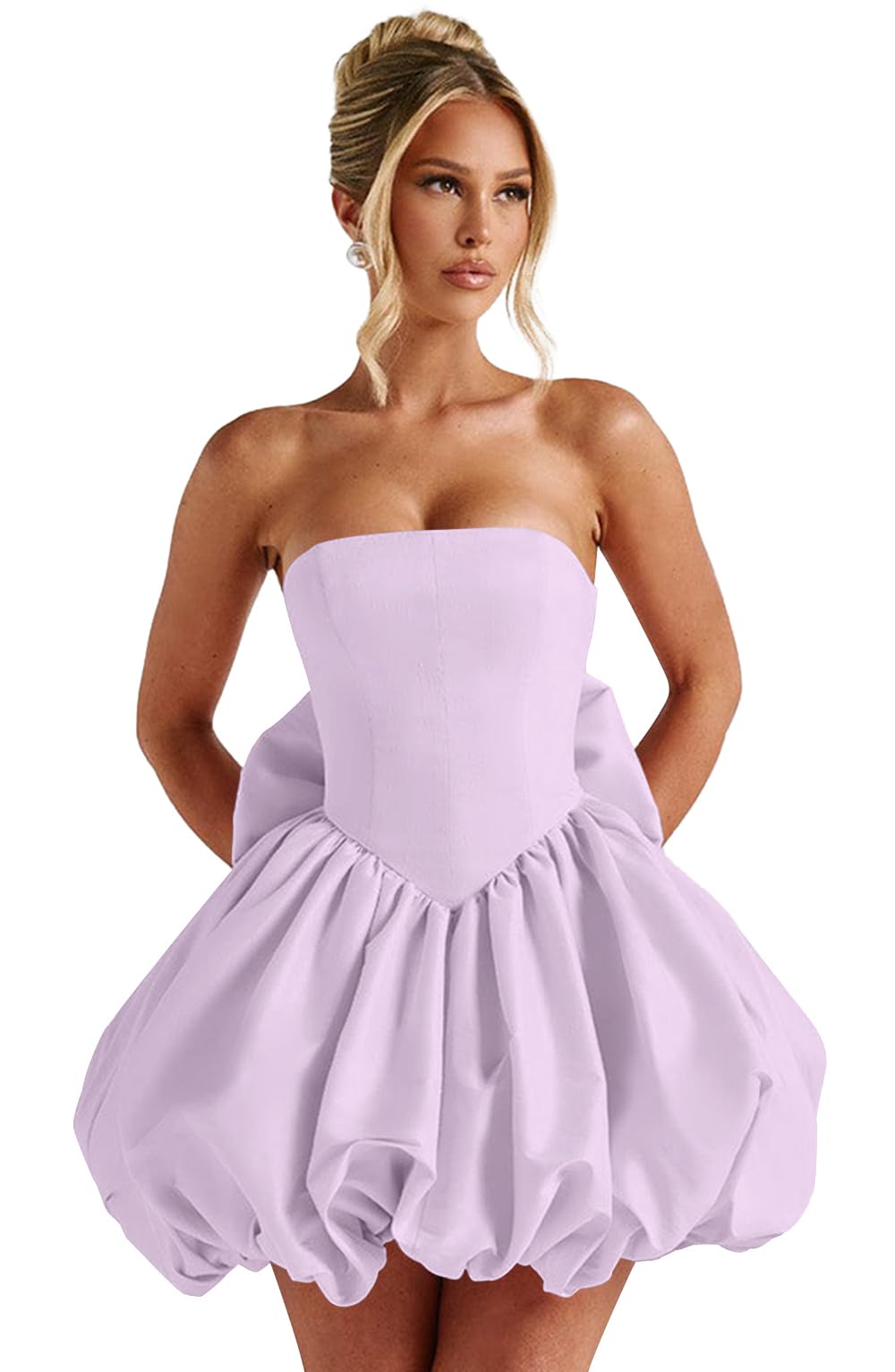 Satin Flower Bud Homecoming Dress Short Prom Dress with Bow Strapless A Line Mini Cocktail Party Gown