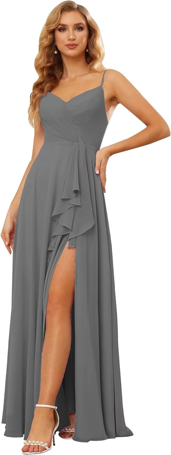 Vestidos de dama de honor largos de gasa con tirantes finos y bolsillos, vestidos formales con volantes y abertura para mujer 