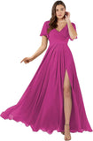 Damen Brautjungfernkleider mit Flatterärmeln, lang, mit Schlitz, V-Ausschnitt, Chiffon, formelle Kleider 