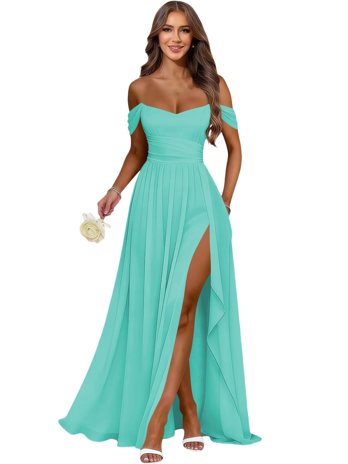 Women's Long Chiffon Bridesmaid Dresses with Slit Off Shoulder A-Line Formal Prom Evening Gown Maxi Wedding Guest Dress