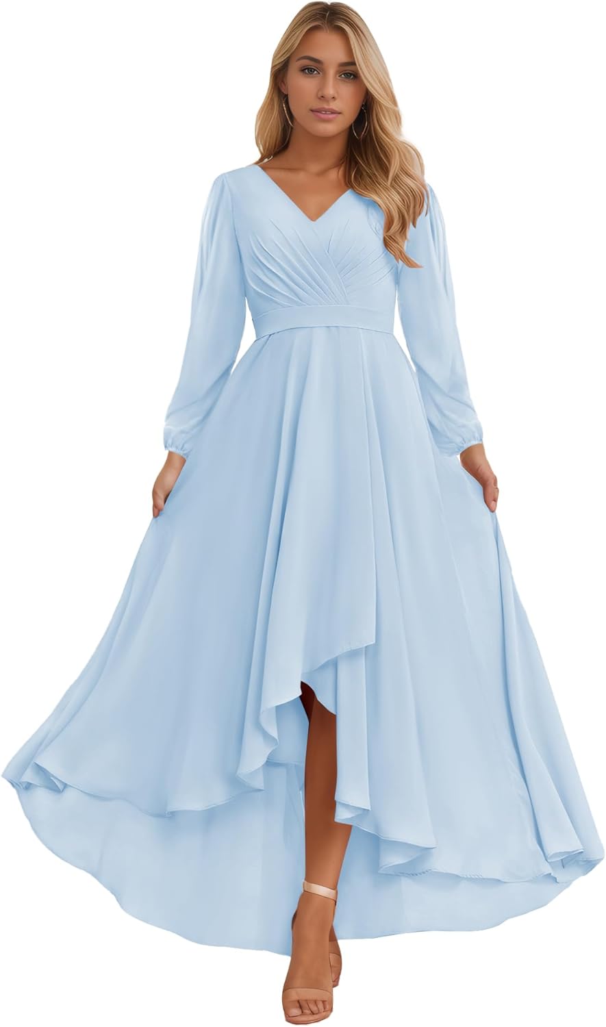 Long Sleeve Bridesmaid Dresses for Women 2025 V Neck Ruched Chiffon Formal Dress
