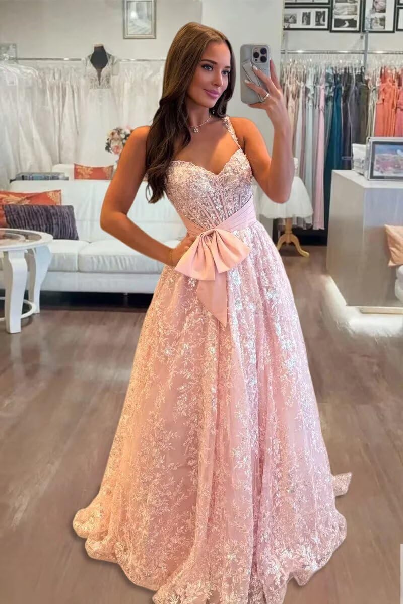 Lace Tulle Prom Dresses with Bow Appliques Corset A Line Long Formal Dress