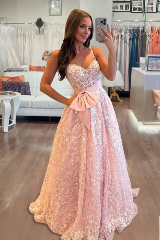 Lace Tulle Prom Dresses with Bow Appliques Corset A Line Long Formal Dress