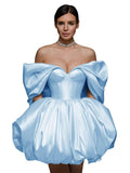 Off The Shoulder Short Wedding Dresses for Bride Puffy Satin Bridal Dresses w/Pockets Strapless Formal Ball Gowns