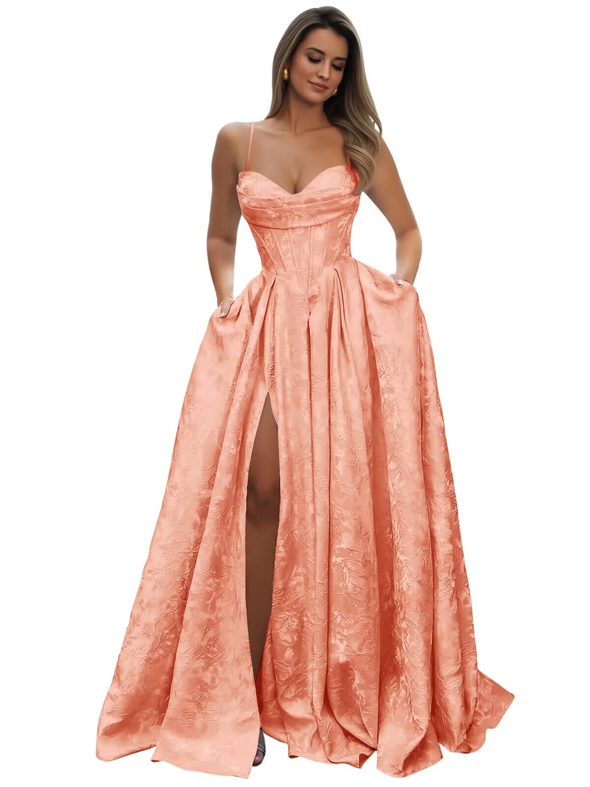 Satin Spaghetti Straps Prom Dresses for Women Jacquard Aline Backless Formal Evening Party Ball Gowns with Pockets