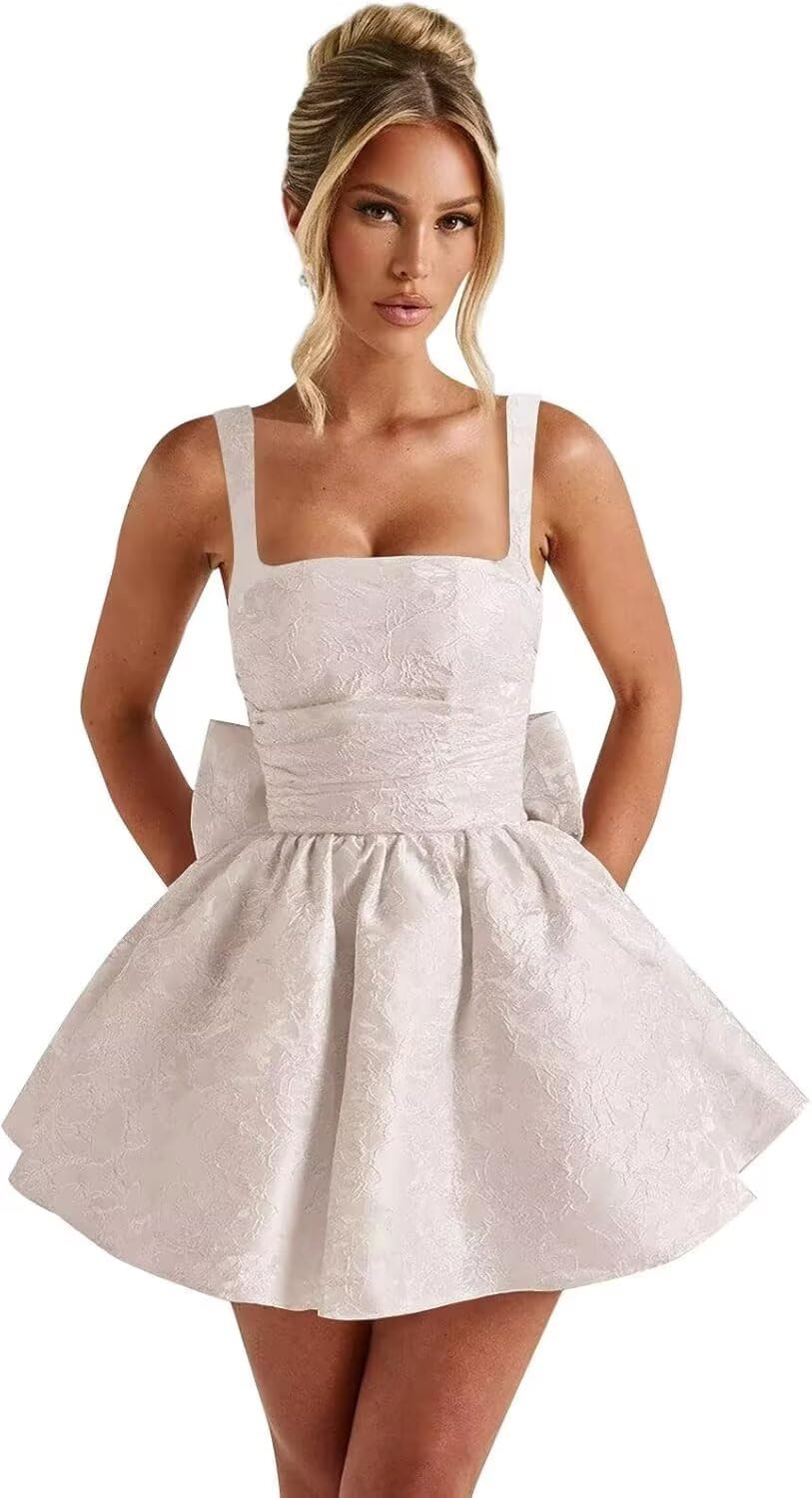 Jacquard Satin Homecoming Dresses for Teens Spaghetti Straps Short Prom Dress A-line Cocktail Party Gowns with Bow