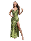 Spaghetti Straps Sequin Prom Dresses for Women Sparkly Long V Neck Mermaid Formal Evening Party Gowns with Slit