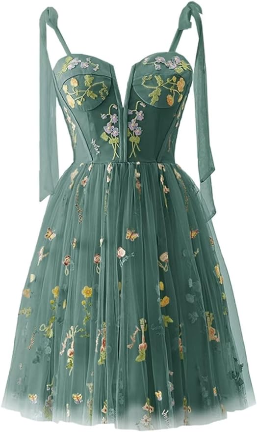 Vestidos de fiesta para mujer, con tirantes finos, cortos, bordados de flores, tul, vestidos formales 