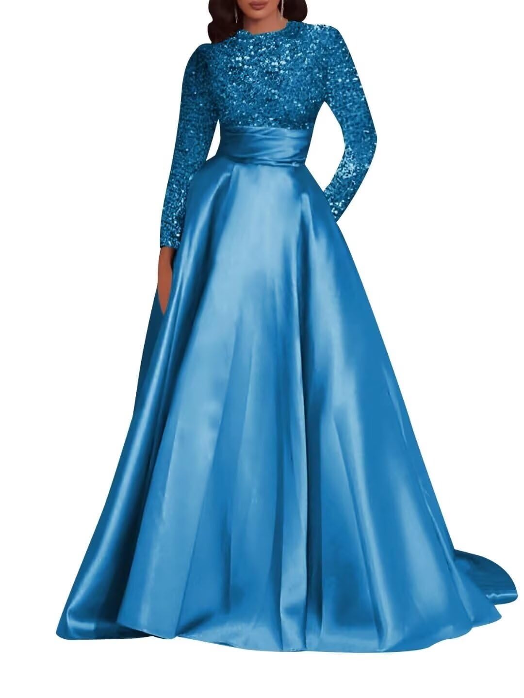 Kingbridal Gowns Long Sleeve Sequin Prom Dresses for Women Satin A-line Formal Dress 2026 Sparkly Evening Party Gowns with Pockets