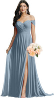 Schulterfreies Brautjungfernkleid für die Hochzeit, gerüschtes Chiffon-Split-Abendkleid mit Taschen 