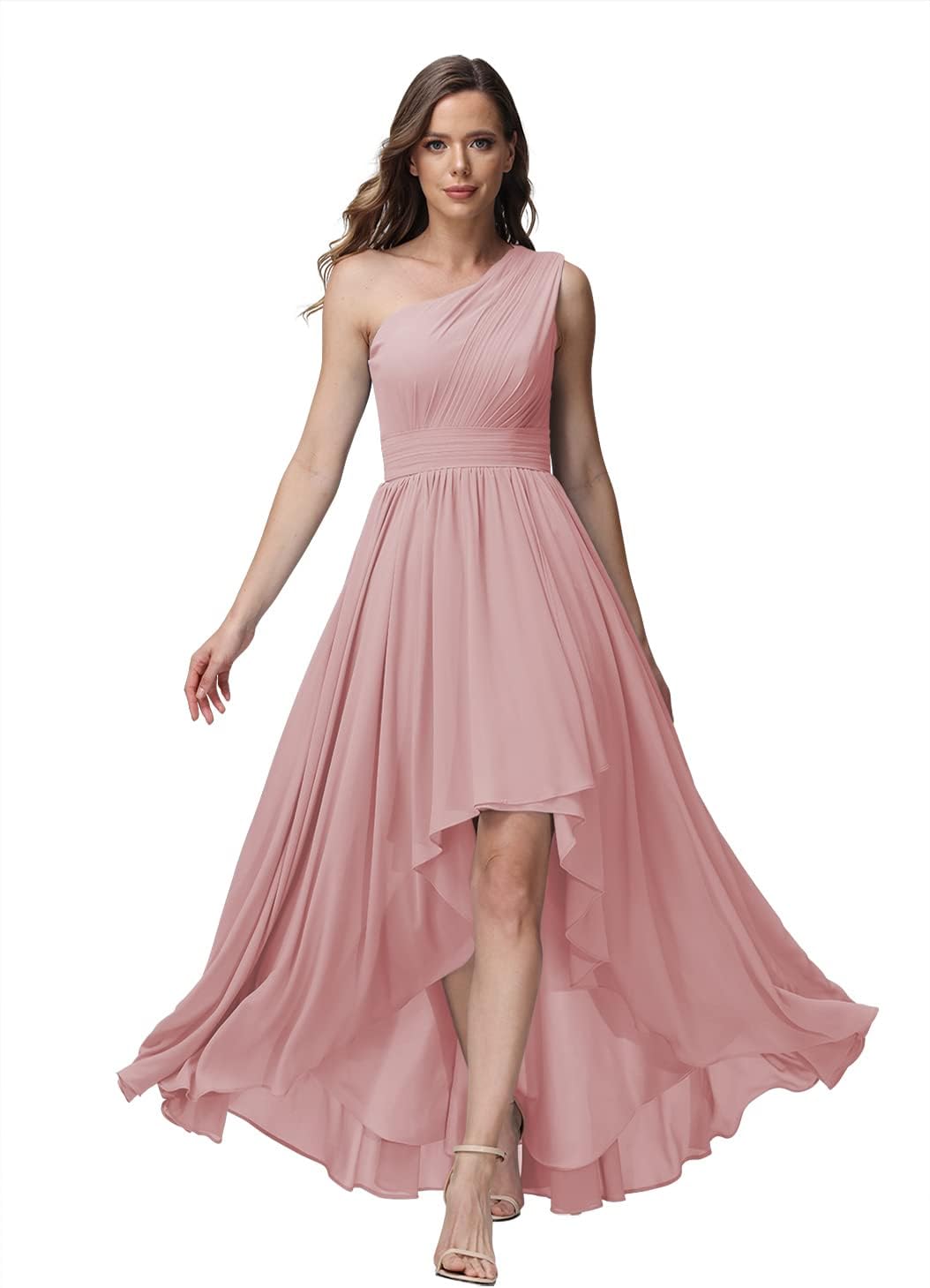 Vestido de dama de honor de un solo hombro para mujer, vestido formal de noche de gasa con bolsillos y corte alto bajo
