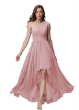 Vestido de dama de honor de un solo hombro para mujer, vestido formal de noche de gasa con bolsillos y corte alto bajo