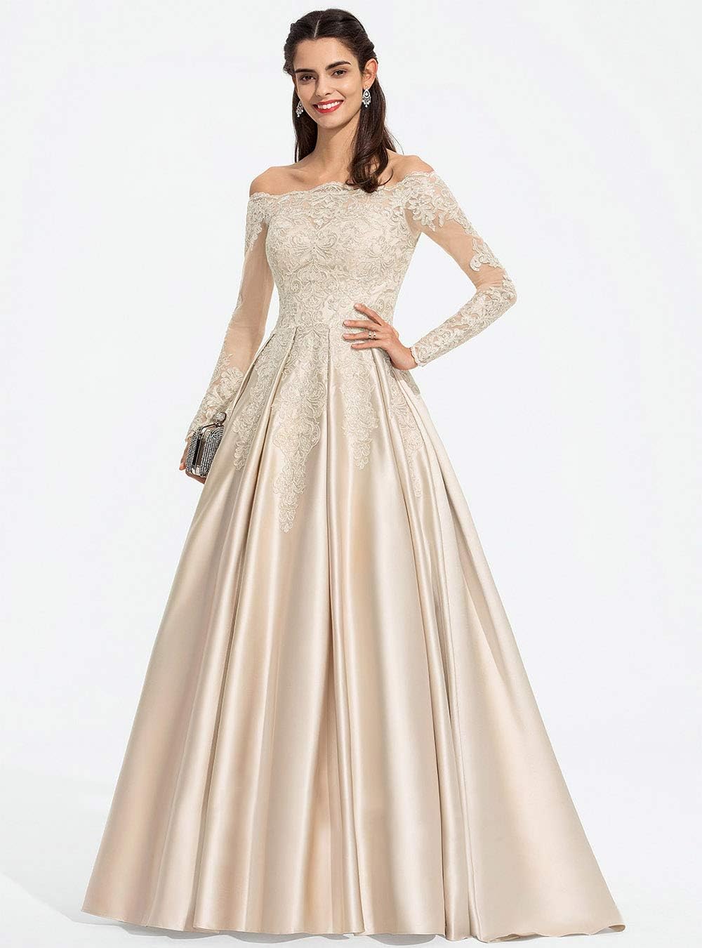 Vestidos de fiesta formales de satén con apliques de encaje y hombros descubiertos para mujer, con mangas largas