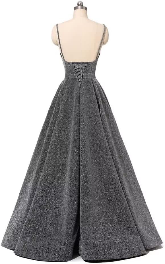 Women's Glitter Prom Dresses Long Ball Gown Spaghetti Straps Neck Formal Evening Party Dress for Teens