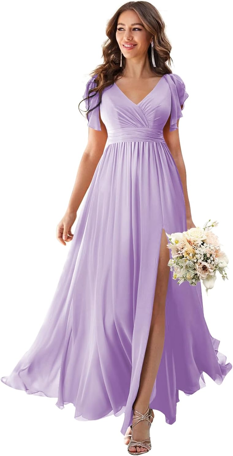 V Neck Flutter Sleeves Bridesmaid Dresses with Slit 2025 Chiffon Aline Pleats Formal Evening Gowns for Women
