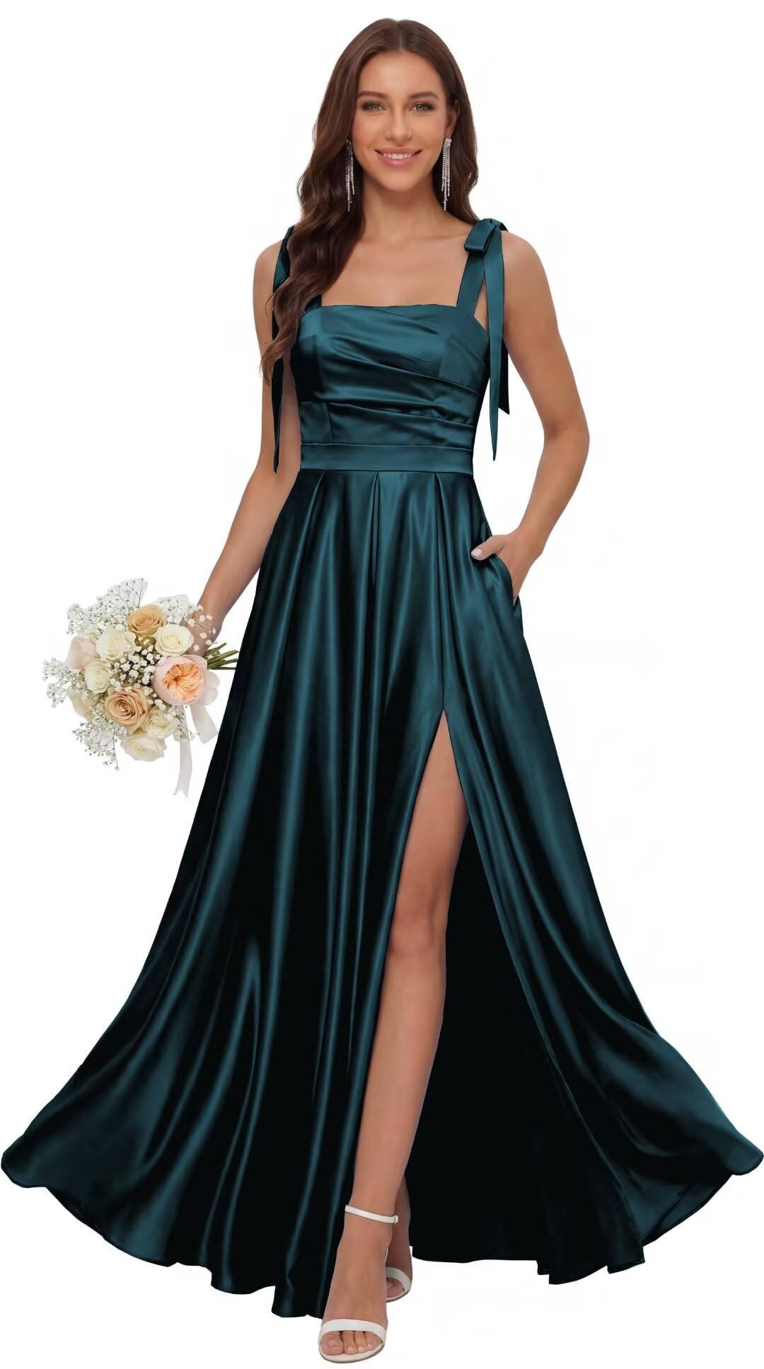 Satin Bridesmaid Dresses with Slit Spaghetti Straps Square Neck Long Formal Evening Dress