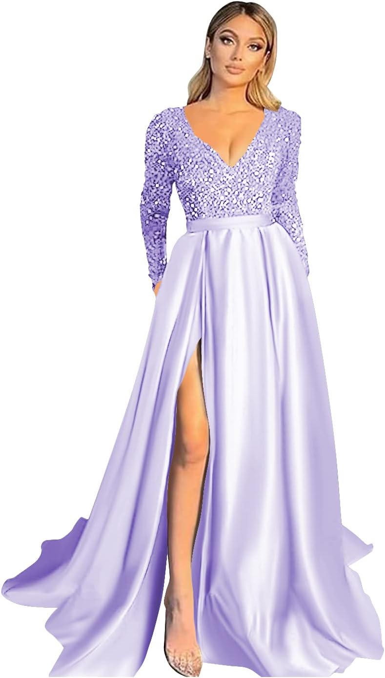 Vestido de fiesta de satén con lentejuelas brillantes para mujer, con bolsillos, manga larga y abertura. 
