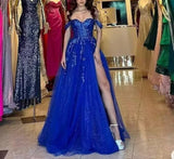 Off The Shoulder Tulle Prom Dress with Laces Applique A-line Slit Long Ball Gowns Glitter Formal Evening Dress