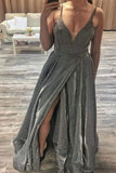 Women's Glittery Spaghetti V-Neck Prom Dresses Long Side Split Formal Evening Gowns
